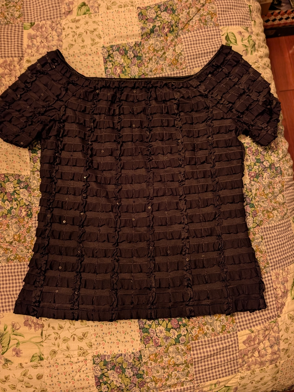Joseph Ribkoff Black Ruffle-Striped Short Sleeve Top